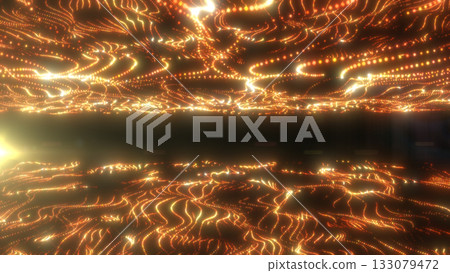 Abstract orange glowing particle waves creating a futuristic energy surface with radiant light 133079472