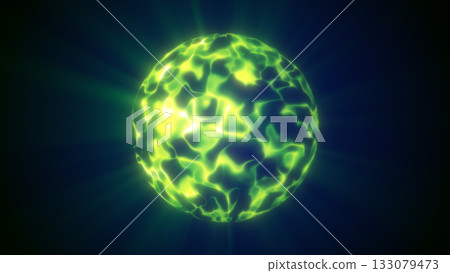 Green glowing plasma sphere with bright neon energy waves and radiating light in dark background 133079473