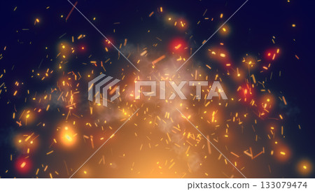 Glowing fire embers and sparks rising through smoke in a dark, atmospheric scene 133079474