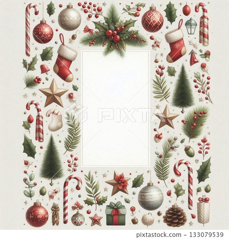 Illustration of a message card surrounded by Christmas ornaments 133079539
