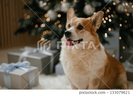 Happy Corgi by Christmas Tree with Gifts Nearby 133079621