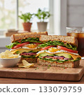 Healthy breakfast sandwich with egg, avocado and vegetables 133079759