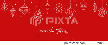 Christmas ball card, hanging ornament border, red background 133079892