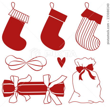 Christmas collection of red bows, gifts and stockings in line art doodle style Christmas collection of red bows, gifts and stockings in line art doodle style 133080140