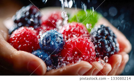 Fresh mixed berries being rinsed in cupped hands, with splashing water and vibrant colors captured in a vivid close-up Fresh mixed berries being rinsed in cupped hands, with splashing water and vibrant colors captured in a vivid close-up 133080214
