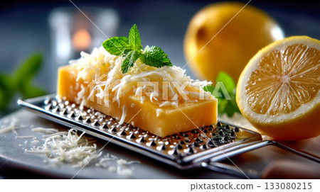 Fine cheese shreds piling up beneath a metal grater as flakes fall in a dynamic close-up kitchen scene 133080215