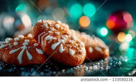Festive gingerbread cookies decorated with icing and colorful sprinkles, photographed in a warm, vibrant close-up 133080216