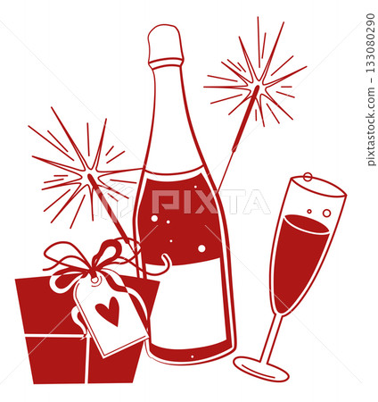 New Year ready-to-use festive composition with champagne, gift, bow, glass and sparklers in red color and line art doodle style 133080290