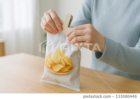 A woman fastening snacks with a clip 133080449