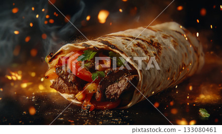 Delicious Grilled Beef Wrap with Fresh Vegetables and Spices 133080461