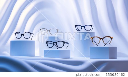 Stylish Eyewear Display on Modern Geometric Pedestals Stylish Eyewear Display on Modern Geometric Pedestals 133080462