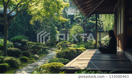 Tranquil Remote Work in a Serene Japanese Zen Garden 133080463