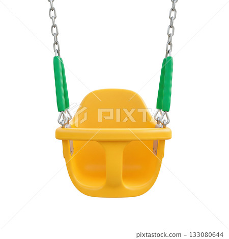 Yellow baby swing on metal chains a playground equipment for children outdoor activity 133080644