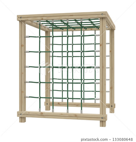 Wooden climbing cube with green rope net for children's playground and outdoor activity 133080648