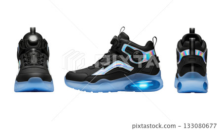 Futuristic black sneakers with holographic details and glowing blue sole in multiple views Futuristic black sneakers with holographic details and glowing blue sole in multiple views 133080677