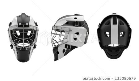 Ice hockey goalie mask a professional protective helmet shown in front side and back views 133080679