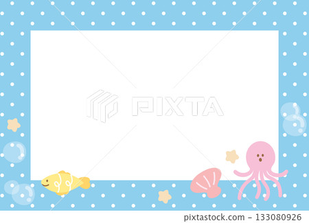 Pastel blue polka dot frame with fish and octupus for under the sea template, aquarium, ocean, animal, zoo, souvenir shop, polaroid photo, post card, vacation poster, sticky note, memo note, notepads 133080926