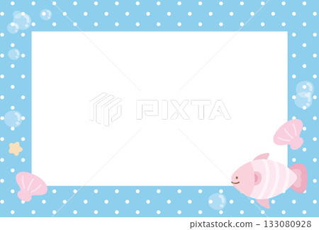 Pastel blue polka dot frame with fish and seashell for under the sea template, aquarium, ocean, animal, zoo, souvenir shop, polaroid photo, post card, vacation poster, sticky note, memo note, notepads 133080928