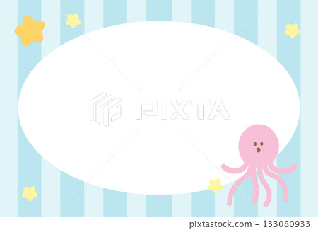 Pastel blue stripe frame with octopus and starfish for under the sea template, aquarium, ocean, animal, zoo, souvenir shop, polaroid photo, post card, vacation poster, sticky note, memo note, notepad 133080933