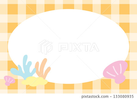 Pastel orange plaid frame with seashell and coral reef for under the sea template, aquarium, ocean, animal, zoo, souvenir shop, polaroid photo, post card, vacation poster, sticky note, memo note Pastel orange plaid frame with seashell and coral reef for under the sea template, aquarium, ocean, animal, zoo, souvenir shop, polaroid photo, post card, vacation poster, sticky note, memo note 133080935