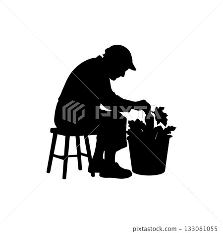 gardener harvesting silhouette icon man picking vegetables bucket farm illustration 133081055