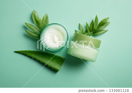 Refreshing Skincare Creams on a Mint Background With Green Botanical Accents Generative AI 133081128