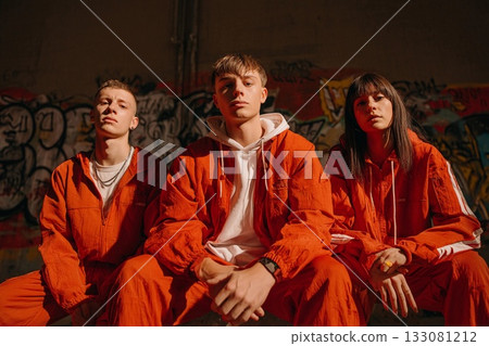 Young Individuals Sporting Vibrant Outfits Pose Confidently Against Colorful Graffiti Generative AI 133081212