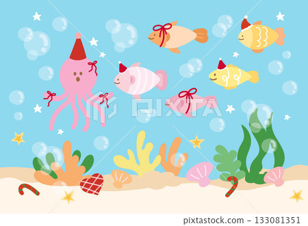 Christmas and New Year illustration with sea lives such as octopus, fish wearing Santa hat, sea shell, starfish, coral reef, sand for under the sea background, aquarium, ocean, post card, animal Christmas and New Year illustration with sea lives such as octopus, fish wearing Santa hat, sea shell, starfish, coral reef, sand for under the sea background, aquarium, ocean, post card, animal 133081351