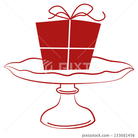 Christmas hand-drawn composition with a gift and festive pedestal cake stand in red color in line art doodle style 133081456