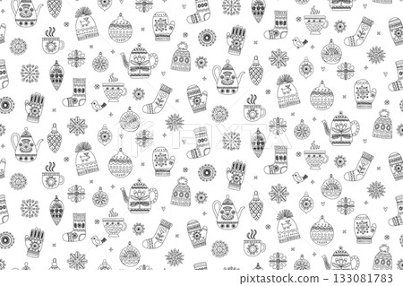 Cozy Scandinavian Winter Seamless Pattern with Teapots, Mittens and Socks, Hygge Holiday Vector Cozy Scandinavian Winter Seamless Pattern with Teapots, Mittens and Socks, Hygge Holiday Vector 133081783