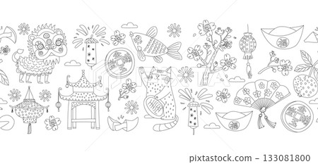 Chinese New Year Doodle Seamless Pattern Border Frame, Lucky Cat, Dragon, Lanterns and Sakura Vector illustration Chinese New Year Doodle Seamless Pattern Border Frame, Lucky Cat, Dragon, Lanterns and Sakura Vector illustration 133081800