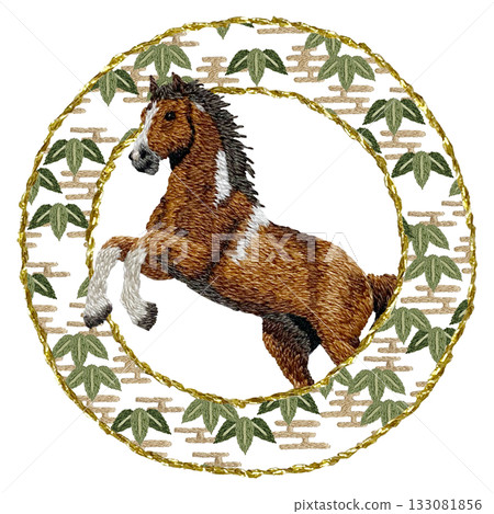 [Golden round frame of horse and bamboo] Hand embroidery illustration material 133081856