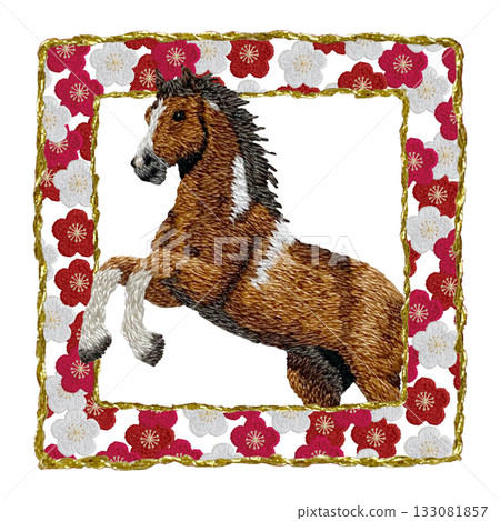 [Golden square frame of horse and plum] Hand embroidery illustration material 133081857