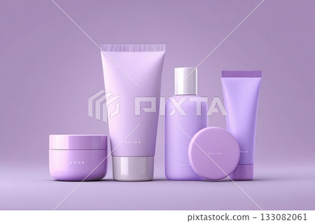 Vibrant Lilac Display of Stylish Beauty Products in Serene Arrangement Generative AI 133082061
