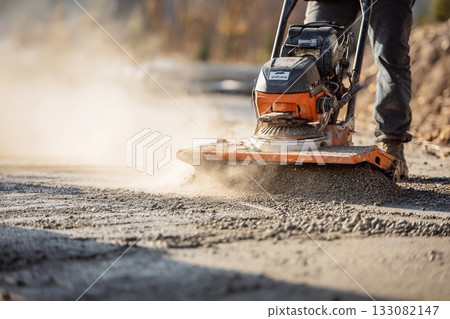 Pavement Compaction in Progress With Vibratory Plate at Construction Site Generative AI Pavement Compaction in Progress With Vibratory Plate at Construction Site Generative AI 133082147
