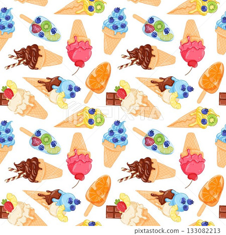 Seamless pattern of cartoon style ice cream and frozen desserts with fruits on a white background. Summer design for dessert menu, packaging. 133082213
