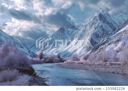 Mosaic of Snowy Mountains and a Winding River Under a Cloudy Sky Generative AI Mosaic of Snowy Mountains and a Winding River Under a Cloudy Sky Generative AI 133082226