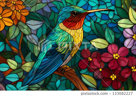 Vibrant Mosaic Capturing a Hummingbird Amidst Blooming Flowers in Botanical Art Generative AI Vibrant Mosaic Capturing a Hummingbird Amidst Blooming Flowers in Botanical Art Generative AI 133082227