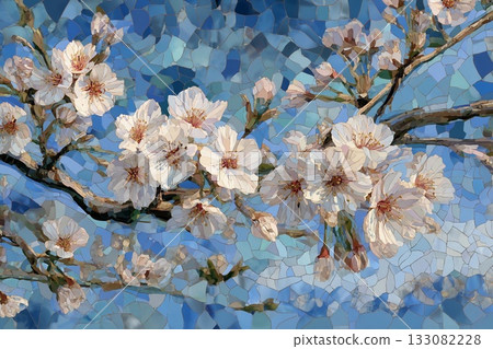 Delicate Cherry Blossoms Dance Against a Mosaic Sky in Springtime Serenity Generative AI 133082228