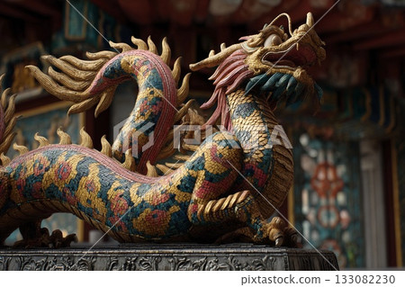 Majestic Dragon Coils Around Detailed Asian Pagoda Under Soft Sunlight Generative AI 133082230