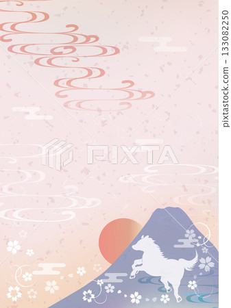 新年卡 藍色富士山 2026 生肖馬剪影 馬年 粉紅色 133082250