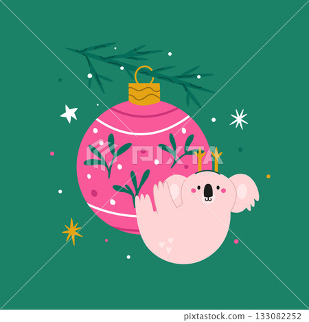 Cute Pink Koala Christmas Illustration, Festive Australian Animal Art on Green Background. Cute Pink Koala Christmas Illustration, Festive Australian Animal Art on Green Background. 133082252