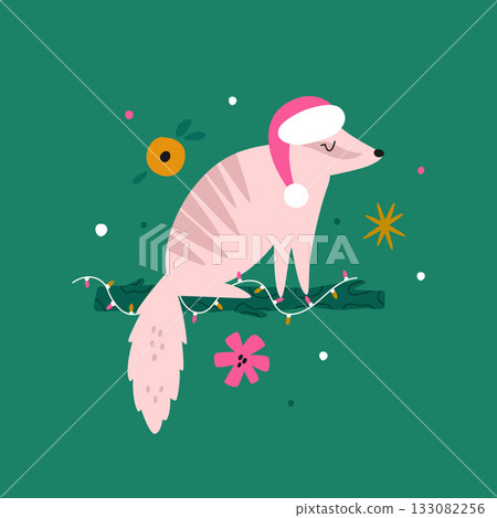 Cute Pink Australian Bandicoot Wearing Santa Hat and Christmas Lights. Holiday Vector Illustration 133082256