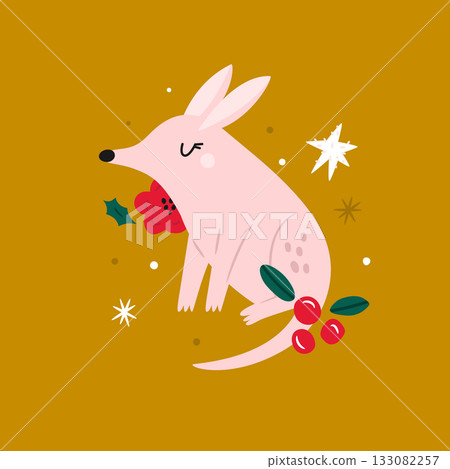 Cute Cartoon Australian Bilby with Christmas Holly and Red Berries. Festive Holiday Illustration. 133082257
