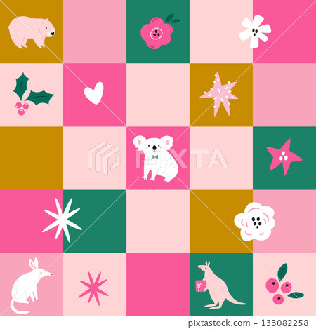 Christmas checkered pattern with Australian animals koala wombat and kangaroo. Vector illustration Christmas checkered pattern with Australian animals koala wombat and kangaroo. Vector illustration 133082258