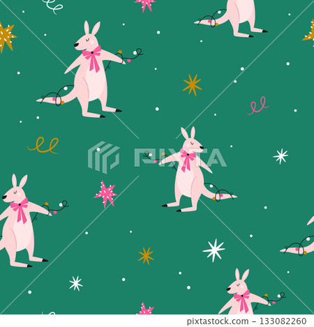Cute Australian Kangaroo Christmas Seamless Pattern with Lights and Stars on Green Background Cute Australian Kangaroo Christmas Seamless Pattern with Lights and Stars on Green Background 133082260