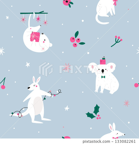 Cute Australian Christmas Seamless Pattern with Koala, Kangaroo, Mactotis and Possum on Blue Background 133082261