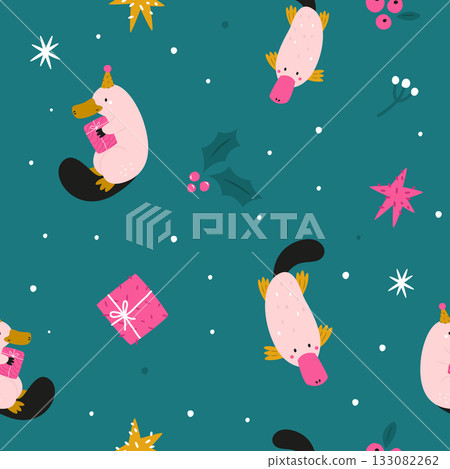 Cute Platypus Christmas Seamless Pattern, Australian Wildlife Holiday Design with Gifts and Stars 133082262