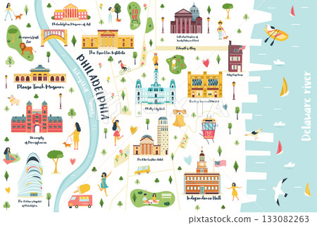 llustrated Map of Philadelphia Landmarks, Cute City Poster with Famous Sights and Icons llustrated Map of Philadelphia Landmarks, Cute City Poster with Famous Sights and Icons 133082263