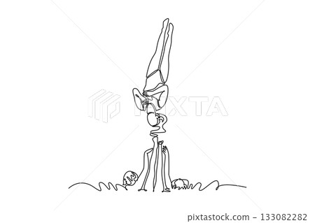 Single one line drawing three women are performing synchronized lift and vertical pose. Complex grace, precision, and teamwork of aquatic sport. Continuous line draw design graphic vector illustration Single one line drawing three women are performing synchronized lift and vertical pose. Complex grace, precision, and teamwork of aquatic sport. Continuous line draw design graphic vector illustration 133082282